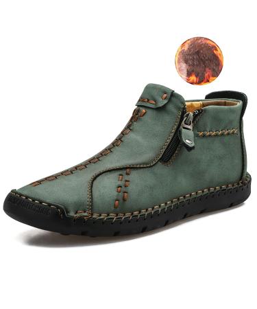Govicta Men's Boots Hand Stitching Slip on Casual Shoes Loafers Fashionable Leather Ankle Chukka Boots for Men 8.5 Green-plus Velvet Warm
