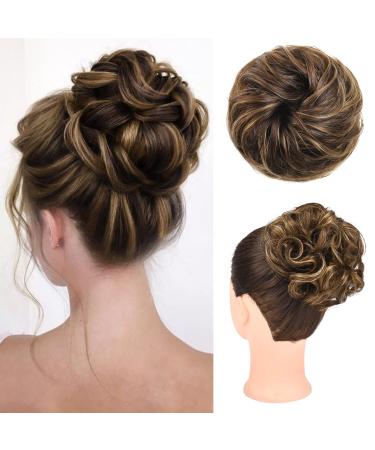 Messy Bun Hair Piece HOOJIH 100% Real Human Hair Tousled Updo Extension Natural Curly Messy Bun with Elastic Band Hair Bun Hair Piece for Women Ponytail Extensions - Medium Brown with Highlights 1 Pack Medium Brown with Highlights