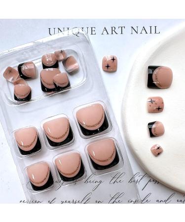 Black French Tip Press On Toenails with Gold Glitters and Stars - Short Square Full Cover False Toe Nails - Acrylic Cute Stick On Toe Nails for Women - Buy Online on GoSupps.com