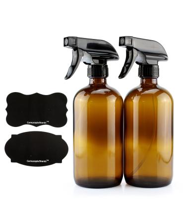 16-Ounce Amber Glass Spray Bottles w/Reusable Chalk Labels (2 Pack), Heavy Duty Mist & Stream 3-Setting Sprayer Great for Essential Oils