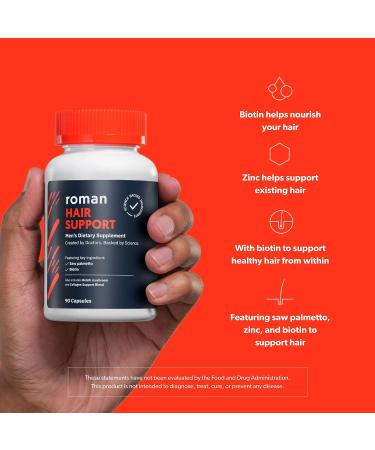 Roman Hair Support Supplement for Men - Saw Palmetto, Zinc & Biotin - Nourish & Strengthen Hair - 30-Day Supply | 90 Capsules - Buy Online on GoSupps.com