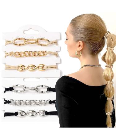 Bracelet Hair Ties With Gold Silvery Elastic 2 in 1 No Crease Hair Ponytails & Elastic Looks Cute On Your Wrist And Great In Your Hair (3pcs Gold+3pcs Silver)