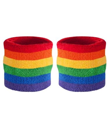 Suddora Striped Wrist Sweatbands - Athletic Cotton Terry Cloth Wristbands for Sports (Pair) Rainbow