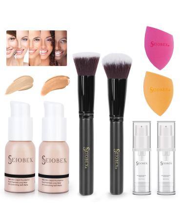 SEIOBEX Makeup Kit Included Full Coverage Foundation Kit with SPF Nude and Buff Beige Primer Makeup Sponge Flat & Round Top Brush 8 in Pack Cruelty-Free Beauty Gift for Women Teens Starters