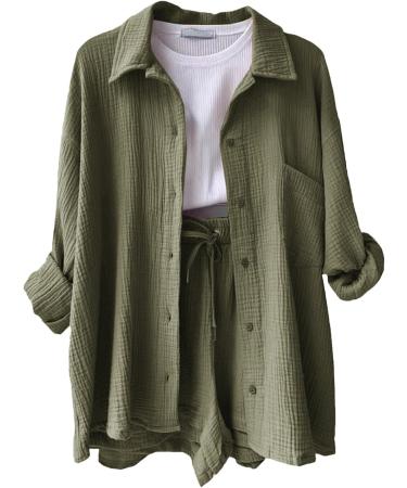 WILLBEST 2 Piece Outfits for Women Loose Fit Cotton Linen Long Sleeve Button Down Shirt with Shorts Set Tracksuit Set 3508-sukrn-gn2#4 XXL - Buy Online on GoSupps.com