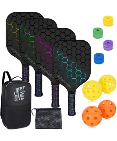 JoncAye Pickleball-Paddles-Set-of-4, Light Pickle-Ball-Paddle-Set with 4 Outdoor Indoor Balls, Paddle Case, Ball Bag | Fiberglass Rackets and Accessories for Adults, Pickleball Racquets for Men Women Classic Hex