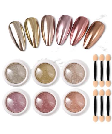 Chrome Nail Powder Set Metallic Nail Powder Glitter Holographic Mirror Shine Nail Art Palette Magic Mirror Effect Pigment Nail Accessories Rose Gold 6Pcs Pearl Manicure Nail Chrome Powders