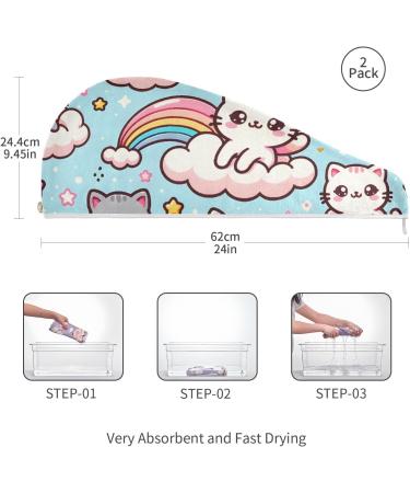 Kawaii Cute Cats Hair Towel 2 Pack | Super Absorbent Quick Dry Turbans for Women & Girls - Buy Online on GoSupps.com