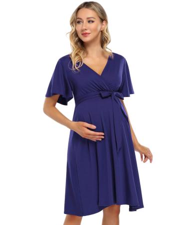 Coolmee Women's Wrap Maternity Dress Empire Waist Knee Length Midi Dress with Belt Baby Shower or Casual Wear Navy M