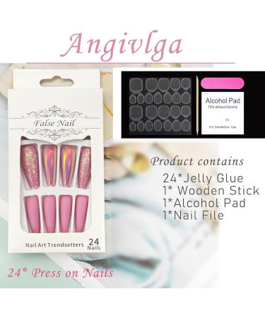 24 Pcs Long Coffin French Ballerina Fake Nails Set with Jelly Glue Sticker - Pink Floral Design for Women and Girls - Buy Online on GoSupps.com