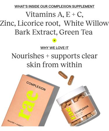 Rae Wellness Complexion Capsules - Natural Skin Supplement with Vitamin C, A, White Willow Bark, Zinc - Vegan, Non-GMO, Gluten-Free - 60 Capsules - Buy Online on GoSupps.com