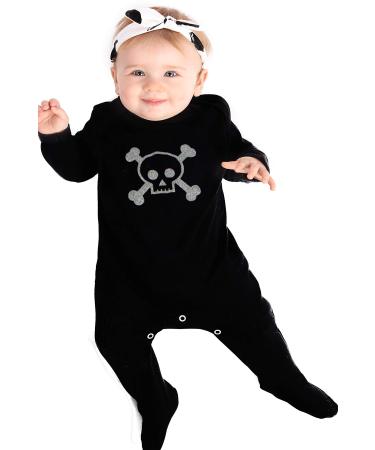 Baby Moo's Skull Baby Sleepsuit for Boys or Girls | New Cool Glitter Skull & Crossbones Pirate Romper - Goth or Halloween New Baby Gift or Outfit 3-6 Months
