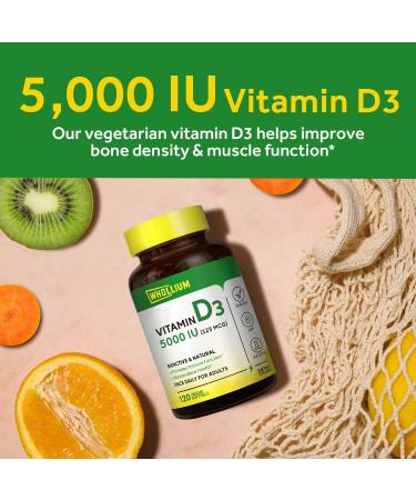 Whollium Vitamin D3 5000 IU - Bone & Dental Health Support, Brain & Immune Function - 120 Vegetarian Softgels - Buy Online on GoSupps.com