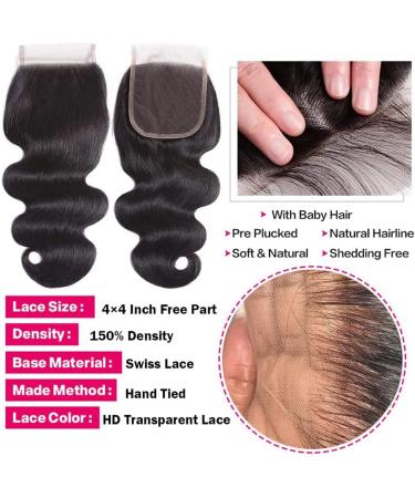 Brazilian Body Wave Virgin Hair Bundles + Transparent Lace Closure | Remy Human Hair Extension Set (18 20 22+16) | 4x4 Lace Closure Included - Buy Online on GoSupps.com