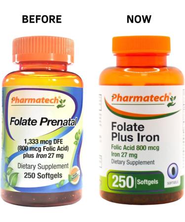 PHARMATECH Folic Acid Supplement 800mcg + Iron 27mg, Vitamin B9, Prenatal Folate, Fast Absorption - 250 Softgels - Buy Online on GoSupps.com