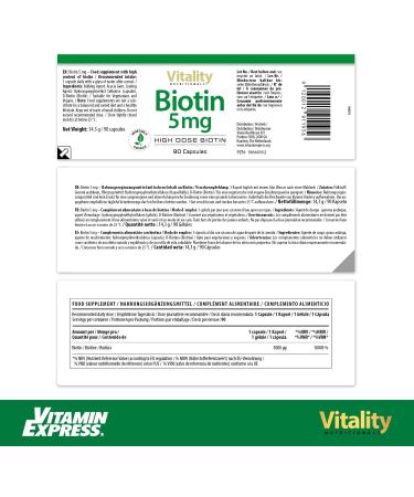 Best Biotin Capsules 5000 mcg | Vegan B7 for Hair Skin & Nails | 90 Highly Dosage Vitamin B Complex | Additive-Free Vitality Nutritionals - Buy Online on GoSupps.com