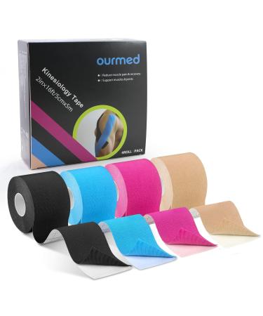 ourmed Original Cotton Elastic Kinesiology Therapeutic Athletic Tape  Latex Free Sports Tape for Muscles Joints 2 inch x 16 feet Roll Multi-colored