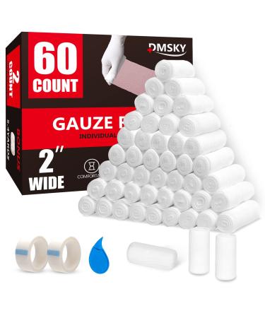 Gauze Bandages 60 Rolls 2'' x 4.1 Yards Individually Packaged Gauze Rolls|Sterile Latex Free First Aid Pads Rolled Gauze for Wound Care Ideal for use as a Mummy wrap 2IN Pack of 60