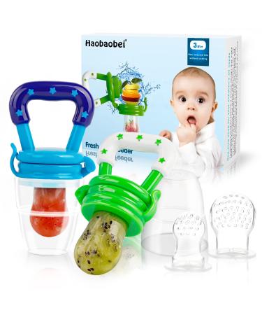 Baby Food Feeder/Fruit Feeder Pacifier (2 Pack) - HAOBAOBEI Infant Teething Toy Teether in Appetite Stimulating Colors Bonus Includes 3 Sizes Silicone Pouches A Series - Blue & Green