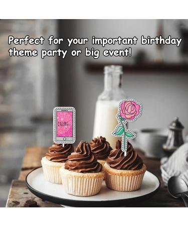 18pcs Pink Glitter Dessert Cupcake Topper for Make Up Flowers Diamond Theme Decor Supplies Lady Woman Girls Happy Birthday Bachelor Wedding Party Decoration - Buy Online on GoSupps.com