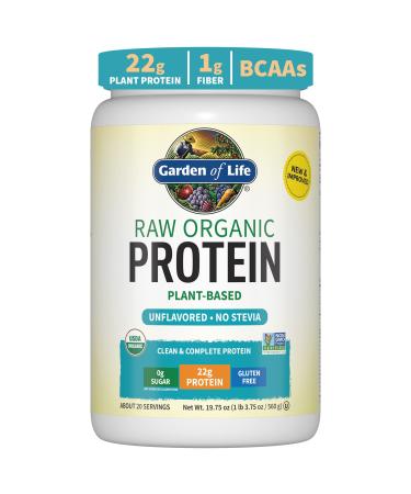 Organic Vegan Unflavored Protein Powder - Garden of Life   22g Complete Plant Based Raw Protein & BCAAs Plus Probiotics & Digestive Enzymes for Easy Digestion  Non-GMO Gluten-Free Lactose Free 1.2 LB Unflavored 20.0 Serv...