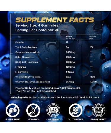 Creatine Monohydrate Gummies for Men & Women, 9000MG Creatine Gummies Sugar Free with L-Taurine, BCAA 2:1, B12 B6 for Boost Strength, Focus & Endurance, Vegan, Non-GMO, Blueberry 120pcs Blueberry 120 Count (Pack of 1) - Buy Online on GoSupps.com