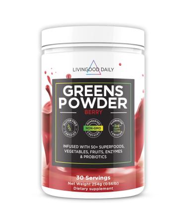 Livingood Daily Greens Berry - Super Greens Powder for Gut Health - Green Blend Superfood with Spirulina, Chlorella, Veggie, Fruits, Herbs, Prebiotics & Enzymes - Smoothie Mix - 30 Servings