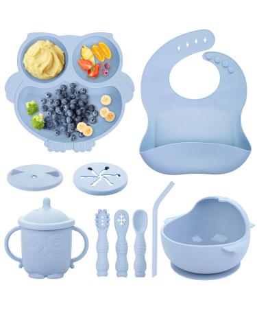 Baby Weaning Set Silicone Baby Feeding Set(10 Pcs) Toddler Weaning Set with Adjustable Bib Suction Bowl Plate Fork Spoon Water & Snack Cup Kit for Babies Toddler and Kids Blue