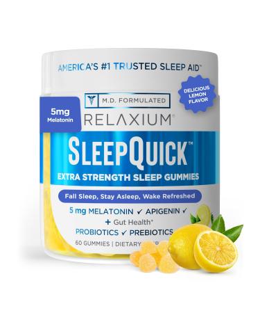 Relaxium SleepQuick Gummies - Sleep Aid + Gut Health & Immune Support, 5 mg Melatonin, Vitamin D-3 + Prebiotic & Probiotic Blend, Gluten & Drug Free, Lemon Flavor, 60 Gummies