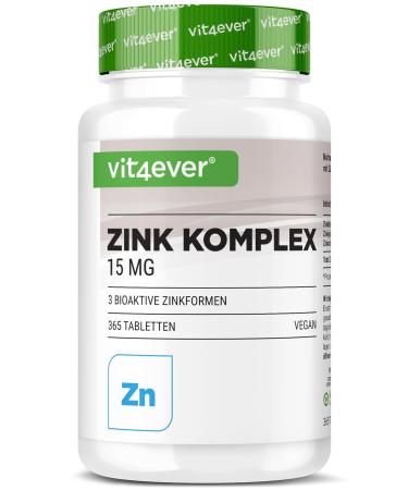 Zinc Complex 15mg - 365 Tablets - With 3 Bioactive Forms of Zinc (Zinc Bisglycinate, Zinc Gluconate, Zinc Citrate) - 1 Year Supply - High Dosed - Vegan