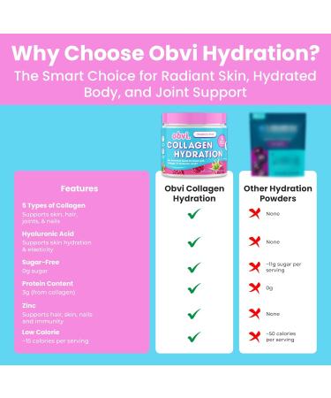Obvi Hydration Powder | Electrolyte & Collagen Peptide Complex | 5 Types of Collagen with Hyaluronic Acid | Supports Skin Elasticity & Joint Health | Sugar-Free | Raspberry Rose 30 Servings - Buy Online on GoSupps.com