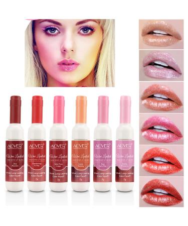 6 Colors Wine Lip Tint Set  Glitter Lipstick Matte Lip Stain Long Lasting Waterproof Liquor Bottle Lip Gloss Kit  Silky Glossy Lightness Non-Stick Lipgloss for Women (wine high shine lip stain set)