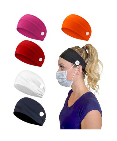 CANIPHA Headbands with Buttons for Face Mask Wide Nurse Headbands for Women Men Doctors and Ears Protection Non Slip Hair Band Elastic Sweat Band for Workout Sports Running Yoga(5 Pcs)