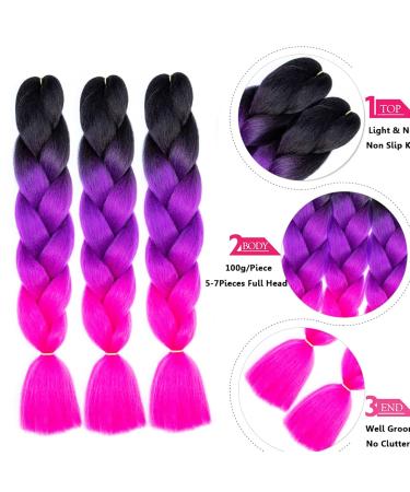LDMY Jumbo Braiding Hair Extensions - 6PCS Pack 24 Ombre Black Purple Rose Synthetic Kanekalon Hair for Women & Girls - 100g/PC - Buy Online on GoSupps.com