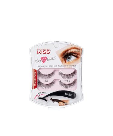 KISS Ever EZ Lashes Double Pack No. 03 Reusable Natural Eyelash Starter Kit Includes Easy-Angle Applicator and 2 Pairs Human Hair False Eyelashes Black