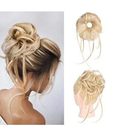 Messy Bun Hair Piece, HOOJIH Super Long Tousled Updo Hair Bun Extensions Wavy Hair Wrap Ponytail Hairpieces Hair Scrunchies with Elastic Hair Band for Women Girls - Blonde Mixed 1Pack Blonde Mixed