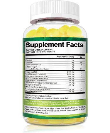 10-in-1 Vegan Omega-3 Gummies 1500mg with DHA 600mg, EPA 400mg, Phytosterols, Turmeric, CoQ10, Phosphatidylserine, Monk Fruit, Algae Omega 3 Supplement Fish Oil Alternative for Adults & Teens - 60 Cts - Buy Online on GoSupps.com