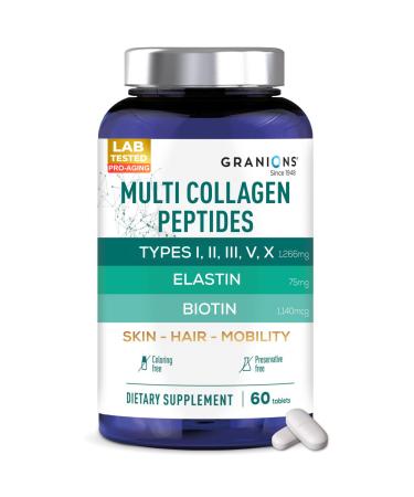 Granions Hydrolyzed Multi Collagen Peptides Pills for Women & Men - Type I II III V X Ovomet Egshell Membrane Elastin Hyaluronic Acid Marine Collagen Biotin Copper Vitamin C Complex - 60 Tab
