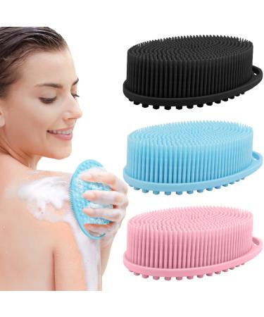 3 Pack Silicone Body Scrubber Exfoliating Body Scrubber Soft Silicone Loofah Body Scrubber Fit for Sensitive and All Kinds of Skin Clean and Sanitary Rapid Foaming Black+blue+pink