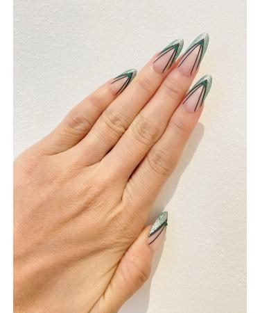 Medium Stiletto Green Crystal Line fake Press On Nails Press On Fake Nails