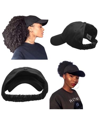 CurlCap Natural Hair Backless Cap - Satin Lined Baseball Hat for Women Accent Black