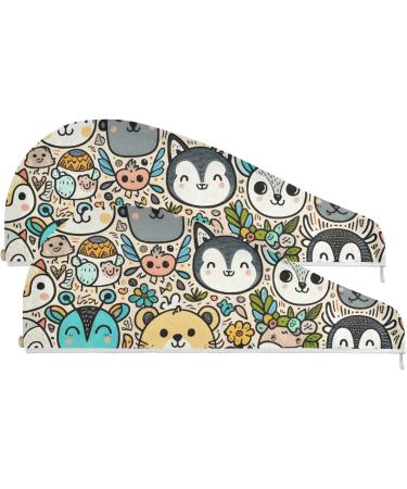 Cute Animal Faces Hair Towel 2 Pack - Super Absorbent Quick Dry Hair Turbans for Women & Girls - Button Twisty Wrap - Buy Online on GoSupps.com