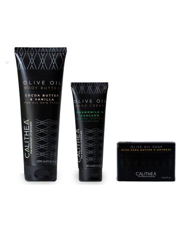 Calithea 3-Step Body Set: Cocoa Butter & Vanilla Body Butter, Hand Cream with Chamomile & Avocado, Shea Butter & Oatmeal Soap Body Set with Shea Butter & Oatmeal Soap