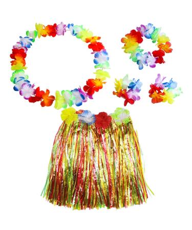 Hawaiian Leis Luau Tropical Headband Flower Crown Wreath Headpiece Wristbands Grass Skirt Women Girls Necklace Bracelets Hair Band for Summer Beach Vacation Pool Party Decorations Supplies Colorful Color Style