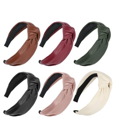 Welltop 6 PCS Knotted Headbands for Women  Wide PU Leather Headband Comfortable Top Knot Thick Turban Hairband Fashion Cross Hairbands Non Slip  Elastic Hoops Hair Accessories for Womens and Girls