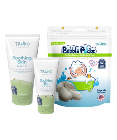 TruKid NEA-Accepted Eczema Relief | Bubble Bath Skin Cream and Body Wash | All Natural Ingredients Unscented Hydrates Moisturizes and Protects Irritated & Sensitive Skin | Three Product Bundle