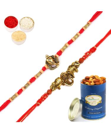 Ghasitaram Gifts Rakhi for Brother Rakhis Online - Set of 2 LD-9923 and LD-84 Om Ganesh Divine Rakhis with 100 GMS of Dryfruits Mix Can