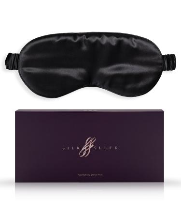 SILKSLEEK Eye Mask for Sleeping 22 Momme Pure Mulberry Silk Sleep Mask Filled with 100% Pure Silk Travel Essentials Super Soft & Comfortable Blackout Eye Mask in Gift Box (Black)