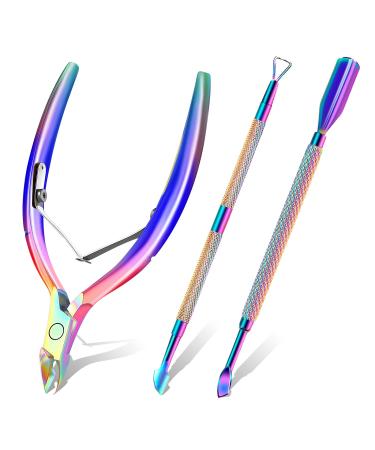 Cuticle Trimmer with Cuticle Pusher and Scissors, Cuticle Remover Professional Durable Pedicure Manicure Tools, Stainless Steel Cuticle Nipper Cutter Clipper Nail Tools for Fingernails and Toenails Colored