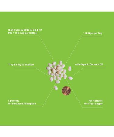 Liposomal Vitamin D3 K2 MK7 Softgels 5000 IU - Immune & Bone Support Supplement with Organic Coconut Oil - Non GMO Gluten Free - 365ct - Buy Online on GoSupps.com